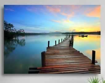 Lake Sunset Matte Canvas Print, Fishing Dock Lake Sunset Photo, Lake Canvas Wall Art, Sunset Photo Print, Large Sunset Canvas Photo Print