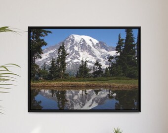 Enmarcado Monte Rainier Mate Lienzo Impresión fotográfica Marco de madera de pino negro Parque Nacional Monte Rainier Gran impresión escénica lista para colgar arte de pared