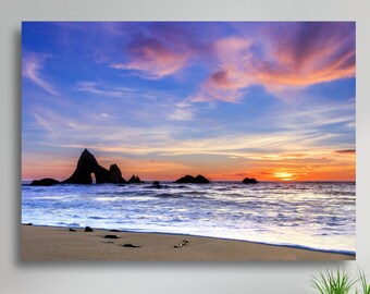 Sunset, Waves Crashing On The Beach, Cloudy Pink And Blue Skys, Large Matte Canvas Photo Print, Ready To Hang Print