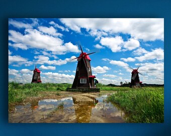 Dutch Windmills Matte Canvas Photo Print, Scenic Landscape Print, Large Canvas Print, Ready To Hang Wall Art