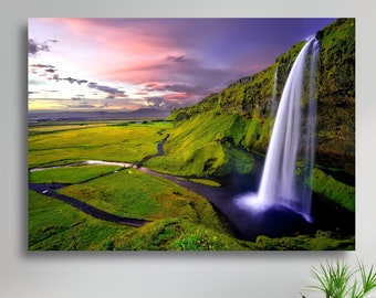 Scenic Waterfall Canvas Photo Print Waterfall Photo Print Green Grass Purple Sky Print Large Matte Canvas Photo Print Ready To Hang Print