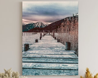 Muelle de lago de madera desgastada, lienzo mate grande, impresión fotográfica, listo para colgar, arte de pared