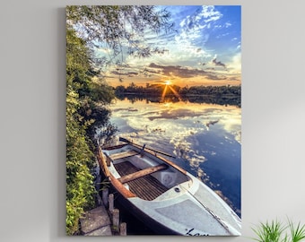 Bote de remos en un lago al atardecer, lienzo mate grande, impresión fotográfica, listo para colgar en la pared