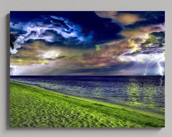 Tropical Beach Thunderstorm - Lienzo mate grande, impresión fotográfica, listo para colgar, arte de pared