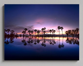 Scenic Sunset Matte Canvas Photo Print, Palm Tree Silhouette Print, Blue And Purple Sunset Print, Water Reflection Print, Large Canvas Print