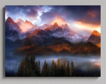 Amanecer matutino sobre picos de montaña dentados sobre un bosque de valle brumoso Impresión fotográfica de lienzo mate grande listo para colgar arte de pared