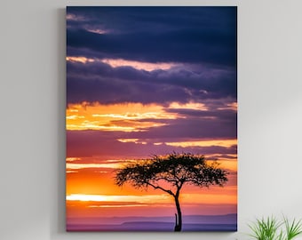 Scenic Savanna Sunset Lone Tree Silhouette Gran lienzo mate Impresión fotográfica Listo para colgar Arte de la pared