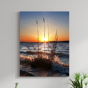 Sunset Lake Waves Shoreline Cattails Large Matte Canvas Photo Print Ready To Hang Wall Art