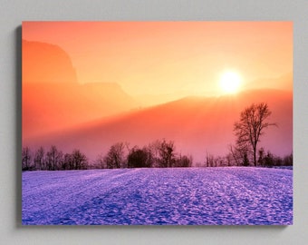 Sunrise Over A Snow Covered Field Large Matte Canvas Photo Print Ready To Hang Wall Art