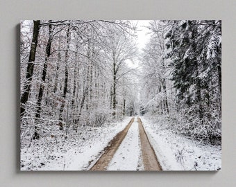 Snow Covered Tree Lined Road Wintry Large Matte Canvas Photo Print Ready To Hang Scenic Winter Wall Art