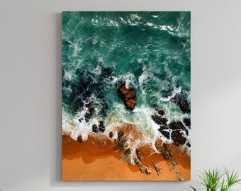 Ocean Waves Crashing On Rocks Sandy Beach Matte Canvas Photo Print Ready To Hang Beach Wall Art