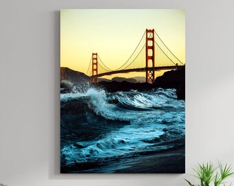 Golden Gate Bridge Sunset Waves Crashing Large Matte Canvas Photo Print Ready To Hang Wall Art