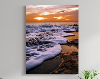 Sunset Waves Beach Large Matte Canvas Photo Print Ocean Seaside Ready To Hang Wall Art