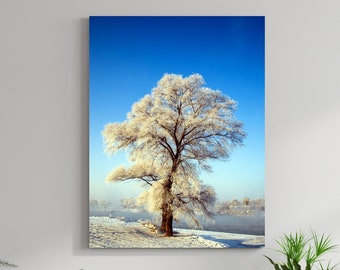 Frost Covered Tree Snow Covered Field Winter Large Matte Canvas Photo Print Scenic Wintry Wall Art