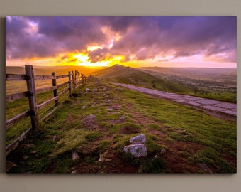 Amanecer sobre Mam Tor Inglaterra Scenic Ridge Path Senderismo Gran lienzo mate Impresión fotográfica Listo para colgar Arte de la pared