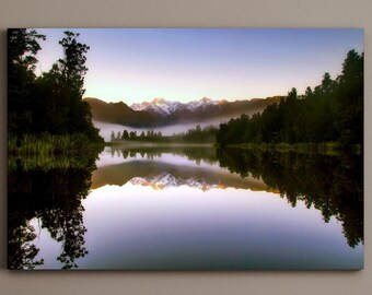 Lago Matheson Nueva Zelanda Montañas Reflejo Gran lienzo mate Impresión fotográfica Listo para colgar Arte de la pared