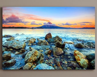 Volcano Matte Canvas Print, Volcano Wall Art, Mount Mayon Filipinas, Ocean Waves Rocks, Filipinas Canvas Photo Print, Mountain Photo