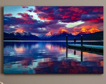 Scenic Landscape Mountain Lake Sunset Large Matte Canvas Photo Print Fishing Dock Pink Purple Sunset Water Reflection Ready To Hang Wall Art
