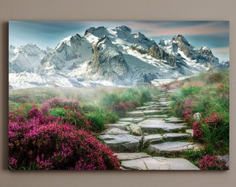 Scenic Snow Covered Mountain Stone Path Wild Flowers Fog Large Matte Canvas Print Ready To Hang Scenic Landscape Wilderness Alpine Wall Art