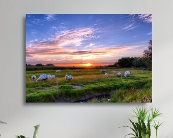 Sunset Farm Pasture Sheep Trees Large Matte Canvas Photo Print Ready To Hang Scenic Landscape Wall Art