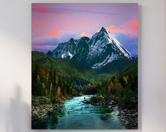 Scenic River Valley Pico de la montaña cubierto de nieve Gran lienzo mate Impresión fotográfica Listo para colgar Arte de la pared