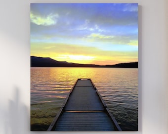 Lake Dock Sunset - Lienzo mate grande, impresión fotográfica, listo para colgar, arte de pared