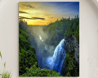 Cascada de Hallingsfallet, Suecia, puesta de sol, lienzo mate grande, impresión fotográfica, listo para colgar, arte de pared