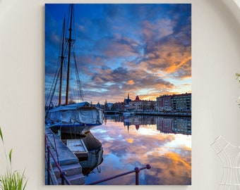 Sunset City Waterway Docked Sailboat Large Matte Canvas Photo Print Ready To Hang Wall Art