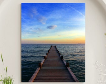 Muelle de madera lago puesta de sol muelle de pesca muelle lienzo grande impresión fotográfica listo para colgar arte de pared