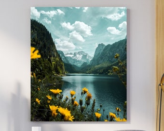 Alpine Lake Snow Capped Mountain Peaks Wild Flowers Matte Canvas Photo Print Ready To Hang Scenic Landscape Wilderness Wall Art