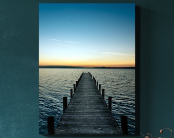 Muelle de pesca de madera Lago Puesta de sol Lienzo mate grande Impresión fotográfica Listo para colgar Arte de la pared