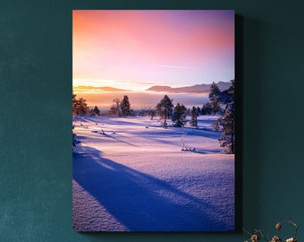 Sunrise Snow Covered Hills Scenic Winter Landscape Matte Canvas Photo Print Ready To Hang Wintry Wall Art