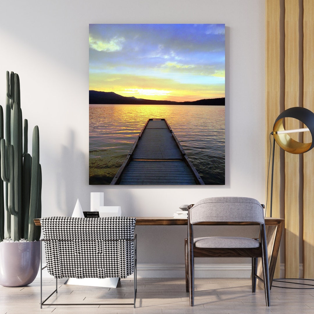 Lake Dock Sunset Large Matte Canvas Photo Print Ready to Hang Wall Art ...