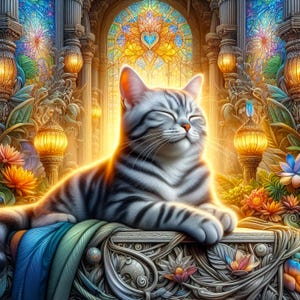 Könnte beinhalten: Eine entspannte, silbergraue Tabby-Katze mit geschlossenen Augen, gebadet in warmem Licht. Die Katze liegt auf einer dekorativen Oberfläche mit bunten Blumen, vor dem Hintergrund von Buntglas und kunstvollen architektonischen Details. Das Bild vermittelt Ruhe.