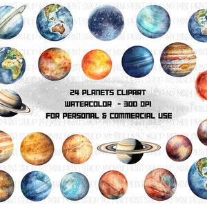 300DPI クリップアート 24 個パック、水彩惑星 - 商用利用向けクリップアート、透明 PNG、アート