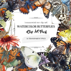 Aquarel vlinders - Clipart Pack van 18, Clipart voor commercieel gebruik, transparante PNG's, kunst 300DPI
