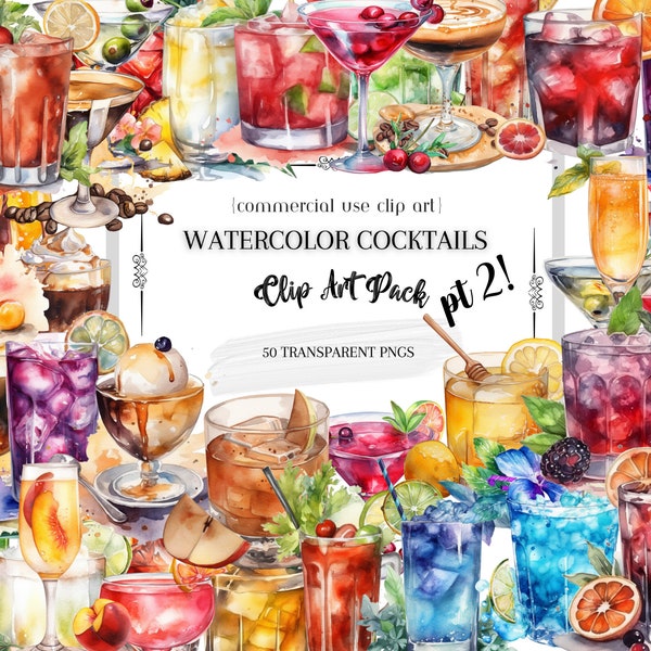 Cocktail Clip Art Pack 2 - 300DPI Pack of 50, Watercolor Cocktails - Clipart for commercial use, Transparent PNGs, Art