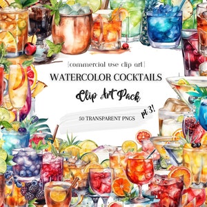 Cocktail Clip Art Pack 3 - Confezione da 50, Cocktail ad acquerello - Clipart 300DPI per uso commerciale, PNG trasparenti, Arte