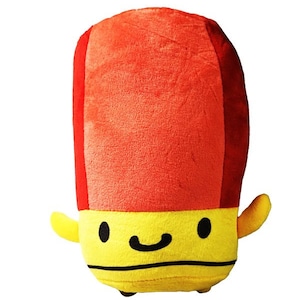 May include: A plush toy shaped like a crayon with a red and yellow color scheme. The crayon has a smiling face with black eyes and a black mouth.