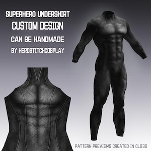 May include: A black long-sleeve undershirt with a textured pattern and a mock neck. The text reads: SUPERHERO UNDERSHIRT CUSTOM DESIGN CAN BE HANDMADE BY HEROSTITCHCOSPLAY. PATTERN PREVIEWS CREATED IN CLO3D. The garment features a defined muscular torso design.