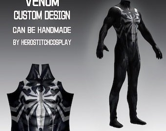 May include: A black full-body suit featuring a white spider-like emblem on the chest. Text on the image reads: VENOM CUSTOM DESIGN CAN BE HANDMADE BY HEROSTITCHCOSPLAY and PATTERN PREVIEWS CREATED IN CLO3D. The suit has a textured, dark appearance.