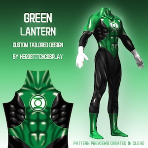 Peut inclure: Un costume de Green Lantern composé d'une combinaison verte et noire avec un emblème circulaire sur la poitrine, des gants blancs et des bottes vertes. Texte : GREEN LANTERN, CUSTOM TAILORED DESIGN, BY HEROSTITCHCOSPLAY, PATTERN PREVIEWS CREATED IN CLO3D.