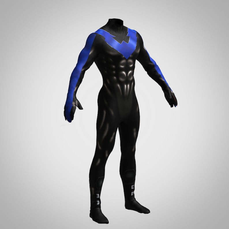 May include: A full-body black jumpsuit featuring a prominent blue bird-shaped emblem across the chest and shoulders. The suit includes long blue sleeves, a form-fitting design with defined abdominal muscle contours, and black boots with white accents.