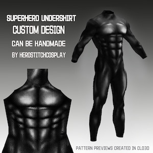 Puede incluir: Una camiseta interior negra de manga larga con un patrón hexagonal texturizado y definición muscular. El texto dice: SUPERHERO UNDERSHIRT CUSTOM DESIGN CAN BE HANDMADE BY HEROSTITCHCOSPLAY y PATTERN PREVIEWS CREATED IN CLO3D.