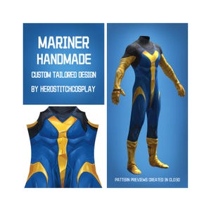 May include: A full-body blue, black, and gold jumpsuit with a high neck and textured sleeves. Text reads: MARINER HANDMADE CUSTOM TAILORED DESIGN BY HEROSTITCHCOSPLAY and PATTERN PREVIEWS CREATED IN CLO3D. The suit features a central gold chest panel.
