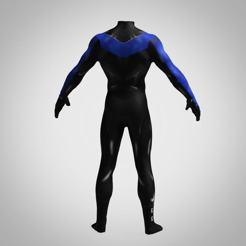 May include: A full-body black jumpsuit featuring a vibrant blue chevron pattern across the chest and shoulders that extends down the outer arms. The garment has a high neck, long sleeves, and a sleek, form-fitting design with a solid black lower body.