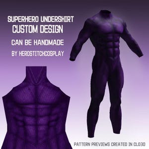 May include: A purple long-sleeve undershirt with a textured muscle-definition pattern. The text reads: SUPERHERO UNDERSHIRT CUSTOM DESIGN CAN BE HANDMADE BY HEROSTITCHCOSPLAY and PATTERN PREVIEWS CREATED IN CLO3D. The garment features a mock neck.