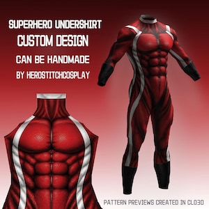 Peut inclure: Un sous-vêtement de super-héros rouge avec un design personnalisé, des bandes latérales blanches et des poignets noirs. Le texte indique : SUPERHERO UNDERSHIRT CUSTOM DESIGN CAN BE HANDMADE BY HEROSTITCHCOSPLAY. PATTERN PREVIEWS CREATED IN CLO3D.