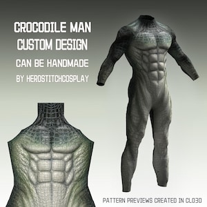 Puede incluir: Un traje de cuerpo completo con textura de cocodrilo y diseño de torso musculoso en tonos grises y verdes. El texto dice: CROCODILE MAN CUSTOM DESIGN CAN BE HANDMADE BY HEROSTITCHCOSPLAY y PATTERN PREVIEWS CREATED IN CLO3D.