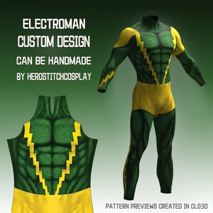 Peut inclure: Une combinaison intégrale verte et jaune avec un motif d'éclair sur le torse et les bras. Le texte indique : ELECTROMAN CUSTOM DESIGN CAN BE HANDMADE BY HEROSTITCHCOSPLAY et PATTERN PREVIEWS CREATED IN CLO3D. La combinaison a une finition texturée.
